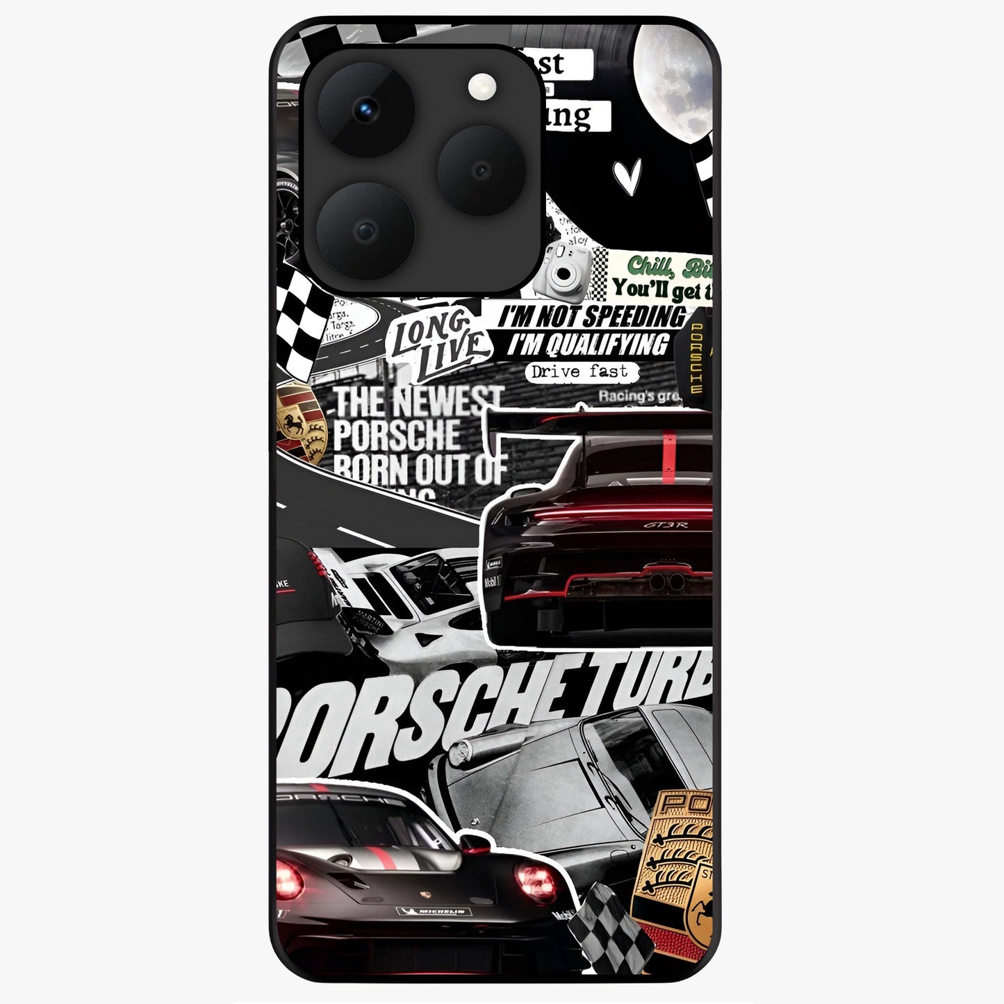 Porsche Racing Collage Glass Case showing flat back view with sports car racing collage artwork and glossy glass finish.