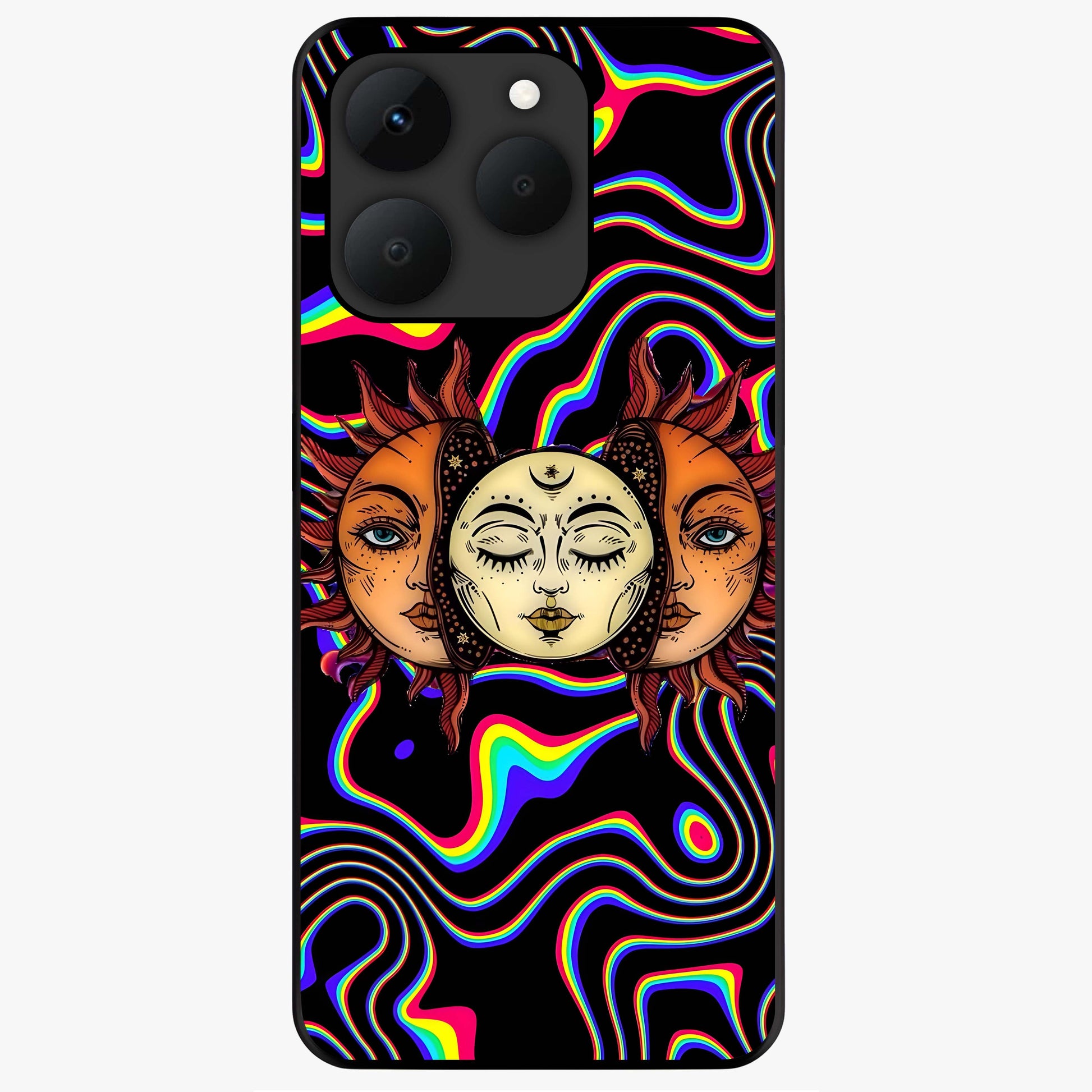 Psychedelic Sun Glass Case showing flat back view with colorful psychedelic sun artwork and glossy glass finish.