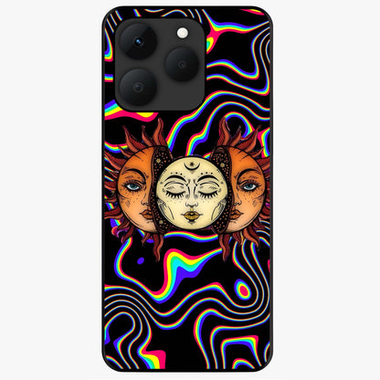 Psychedelic Sun Glass Case showing flat back view with colorful psychedelic sun artwork and glossy glass finish.