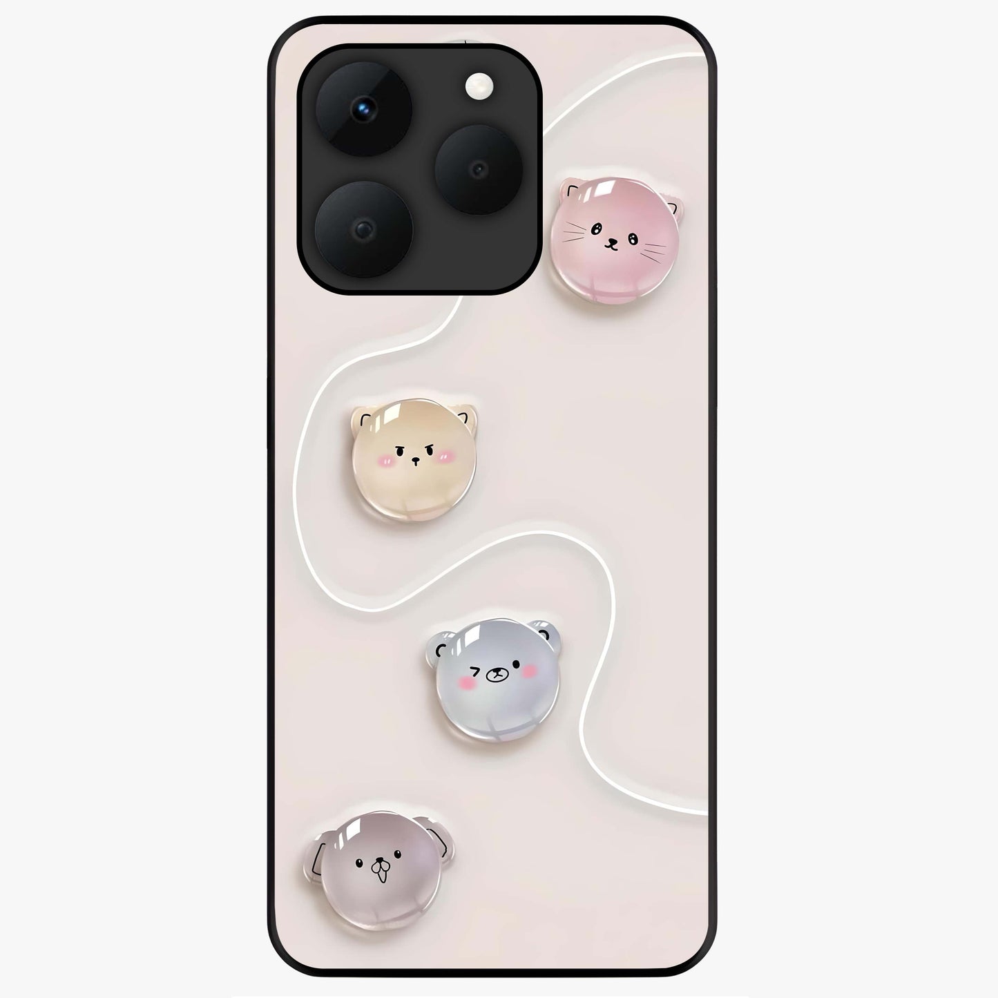 Puffy Face Parade Glass Case showing flat back view with cute puffy character faces artwork and glossy glass finish.