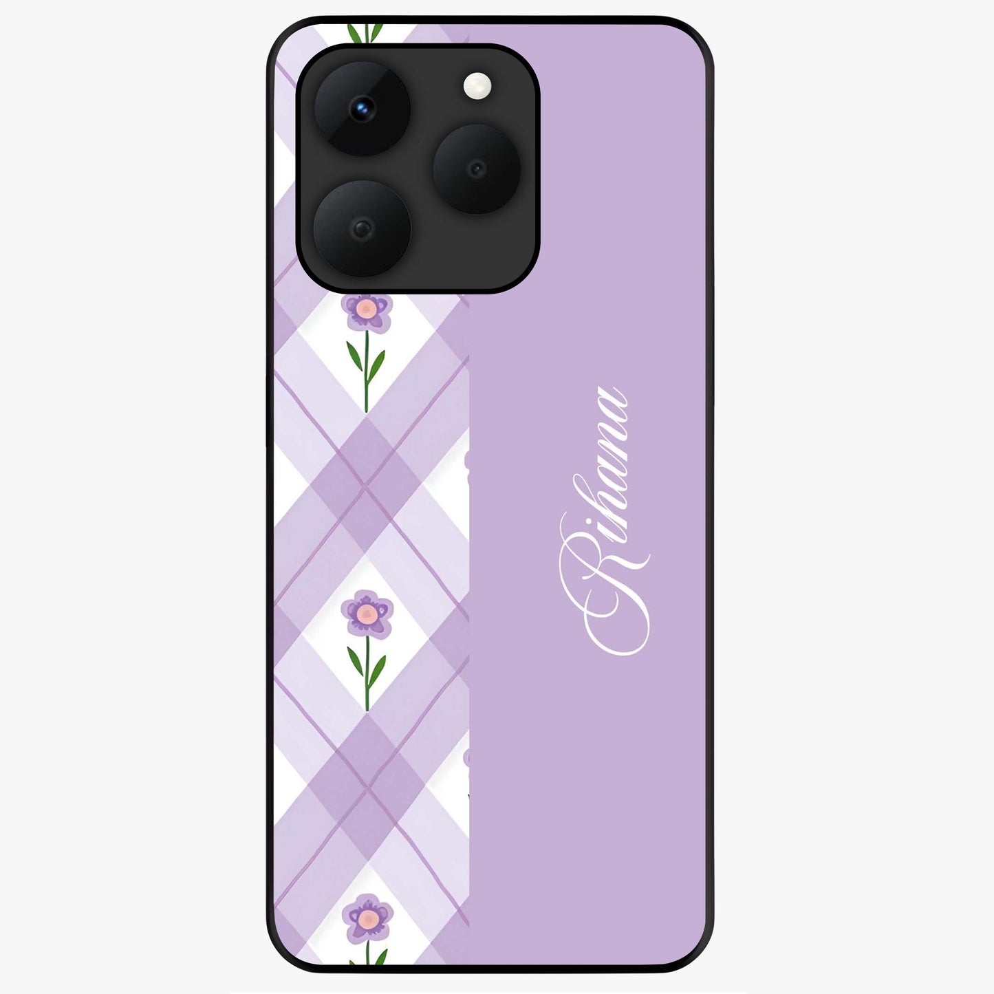 Purple Diamond Floral Glass Case showing flat back view with diamond shaped floral artwork and glossy glass finish.