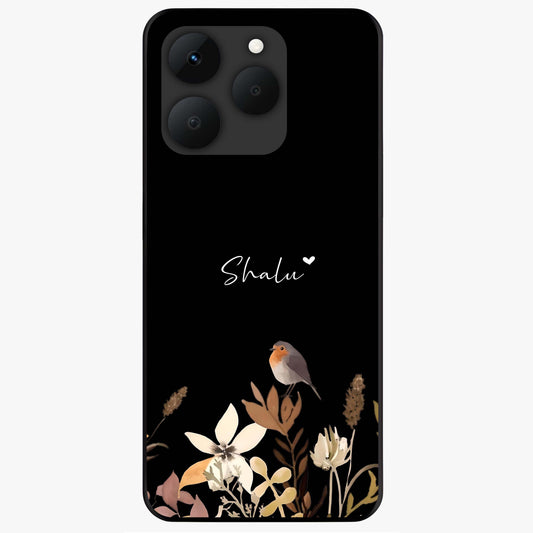 Quiet Garden Tune Custom Name Glass Case showing flat back view with peaceful garden artwork and personalized name design.