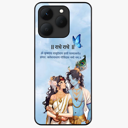Radha Krishna Eternal Glass Case showing flat back view with Radha Krishna devotional artwork and glossy glass finish.