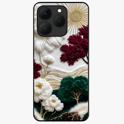Radiant Bloom Elegance Glass Case showing flat back view with elegant blooming flower artwork and glossy glass finish.