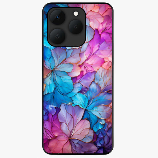 Radiant Floral Whirl Glass Case showing flat back view with swirling floral artwork and glossy glass finish.