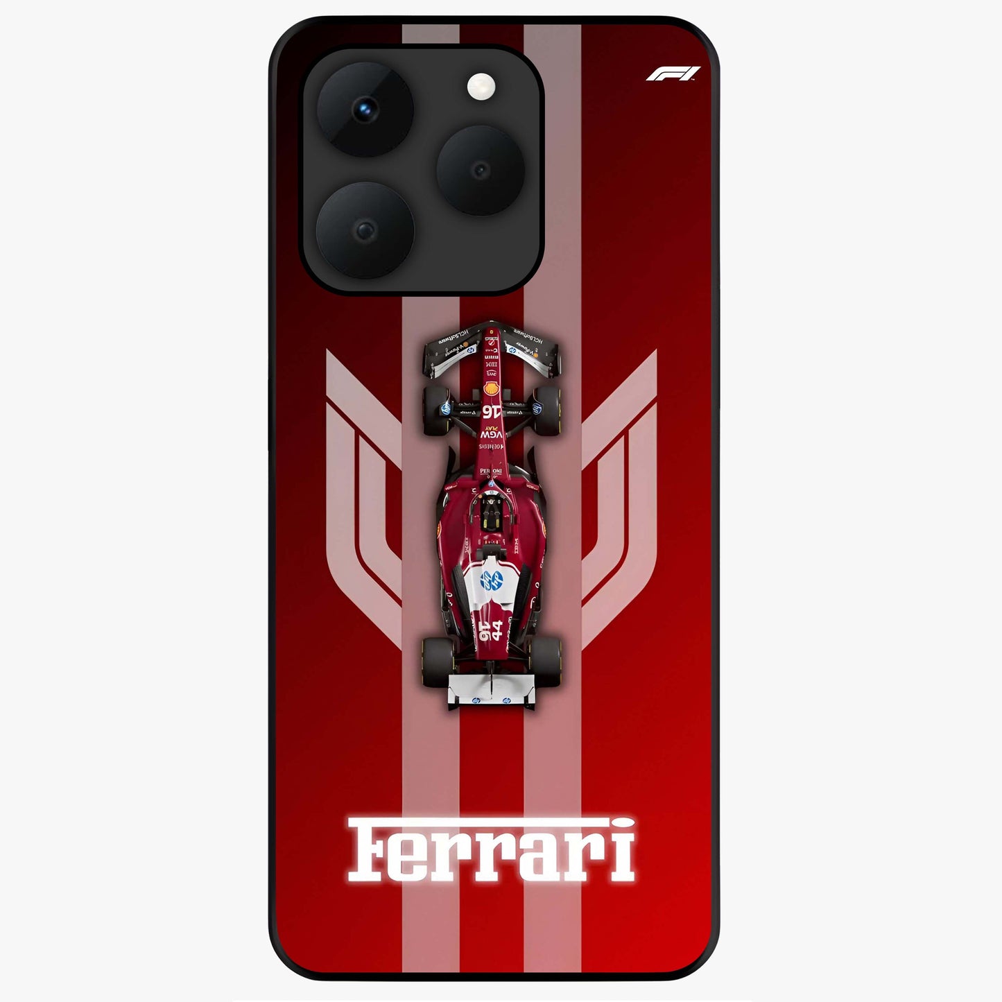 Red Ferrari F1 Vertical Glass Case showing flat back view with sleek Formula racing car artwork and glossy glass finish.