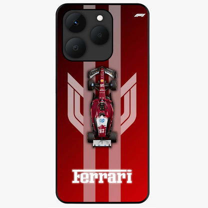 Red Ferrari F1 Vertical Glass Case showing flat back view with sleek Formula racing car artwork and glossy glass finish.