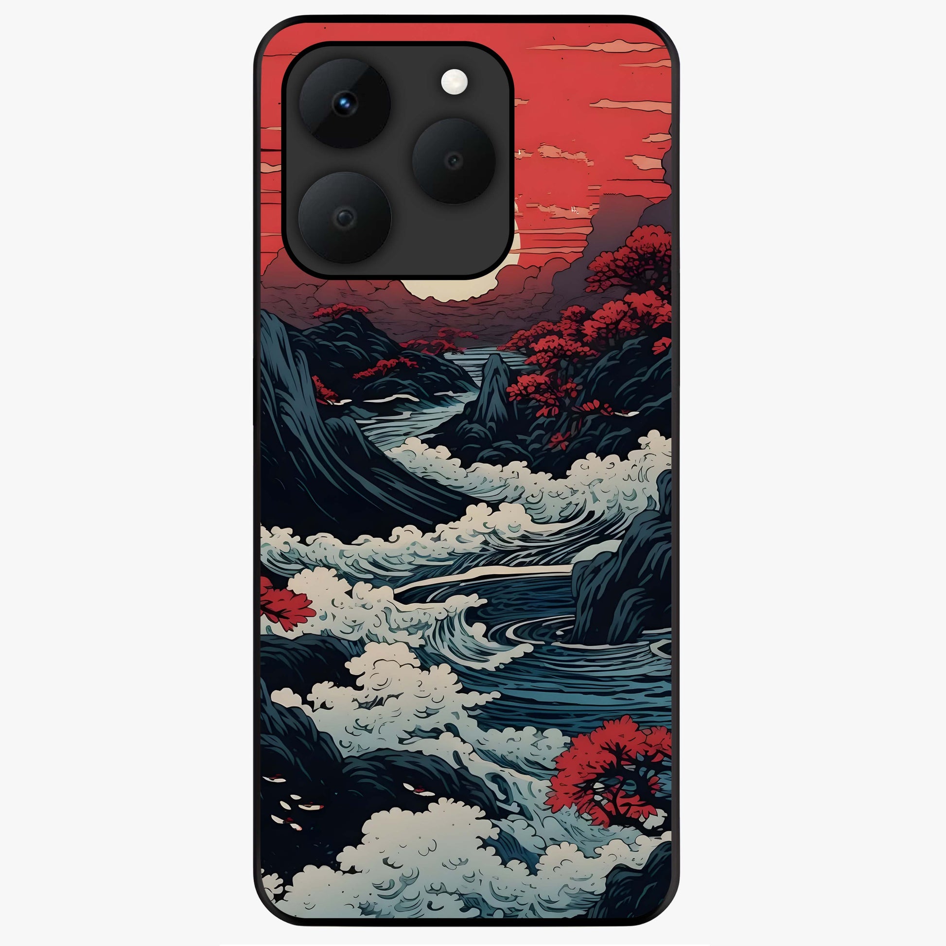 Red Sunset Scenery Glass Case showing flat back view with vibrant sunset landscape artwork and glossy glass finish.