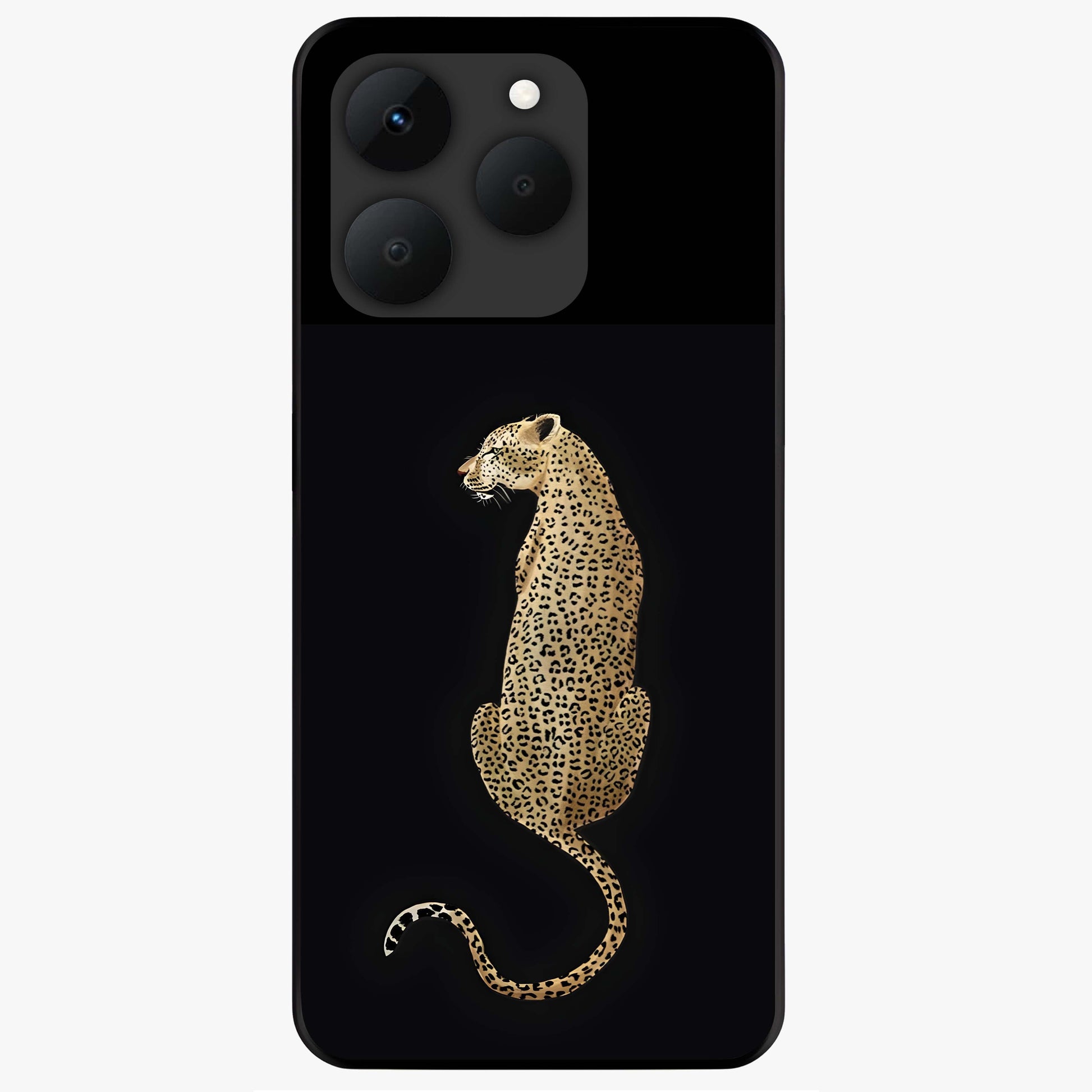 Regal Leopard Glass Case showing flat back view with bold leopard artwork and glossy glass finish.