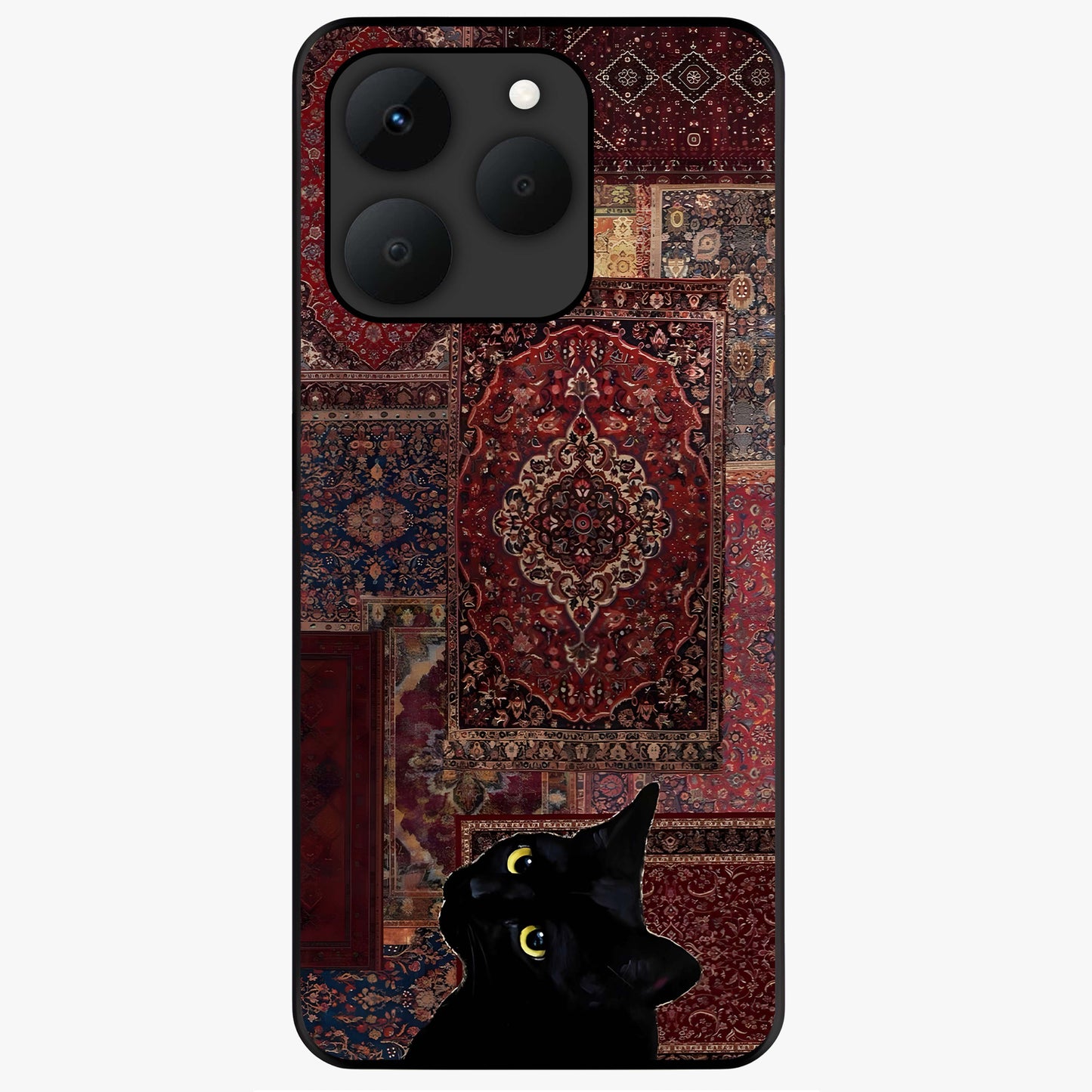 Regal Magic Cat Apple Glass Case showing flat back view with magical cat artwork holding apple and glossy glass finish.