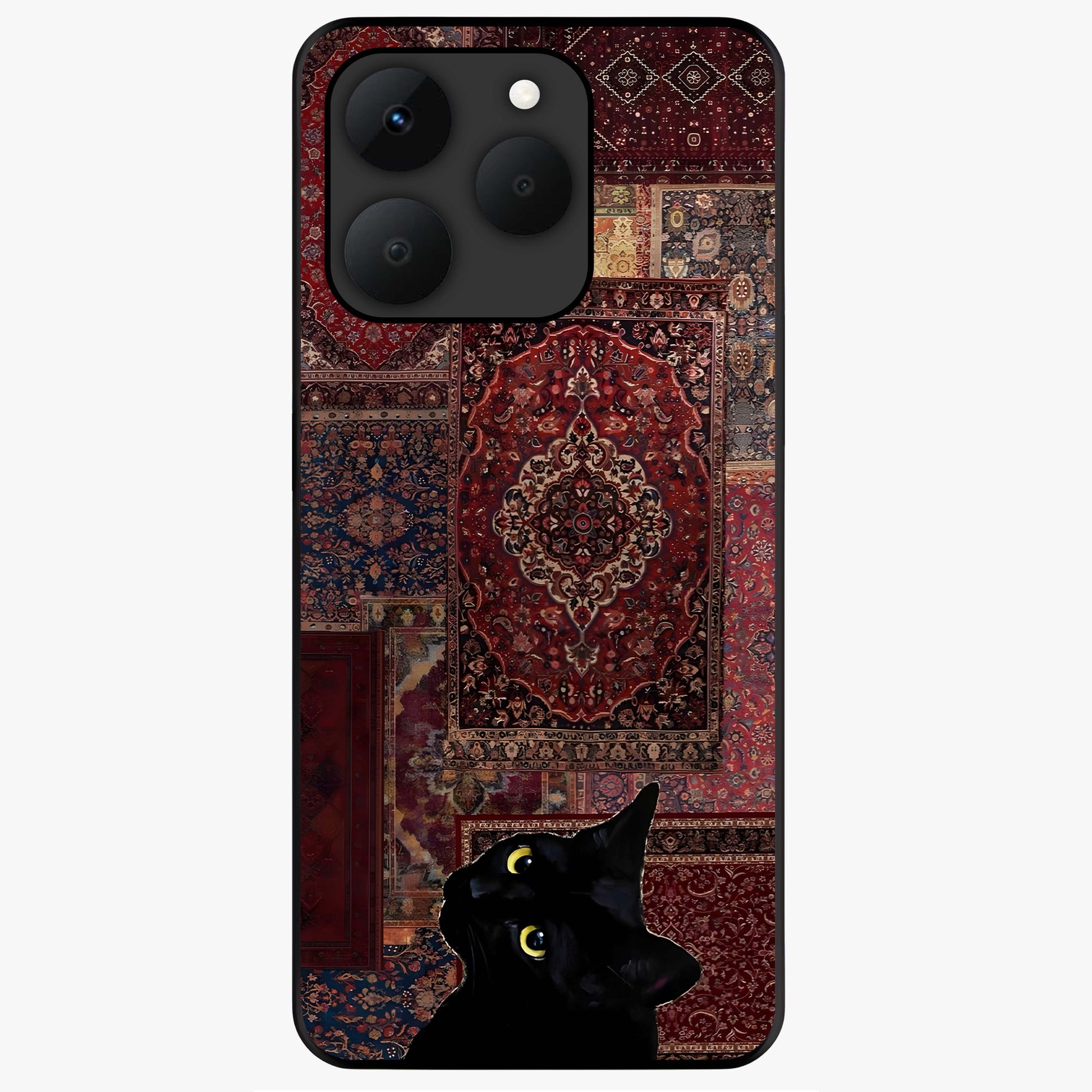 Regal Magic Cat Apple Glass Case showing flat back view with magical cat artwork holding apple and glossy glass finish.