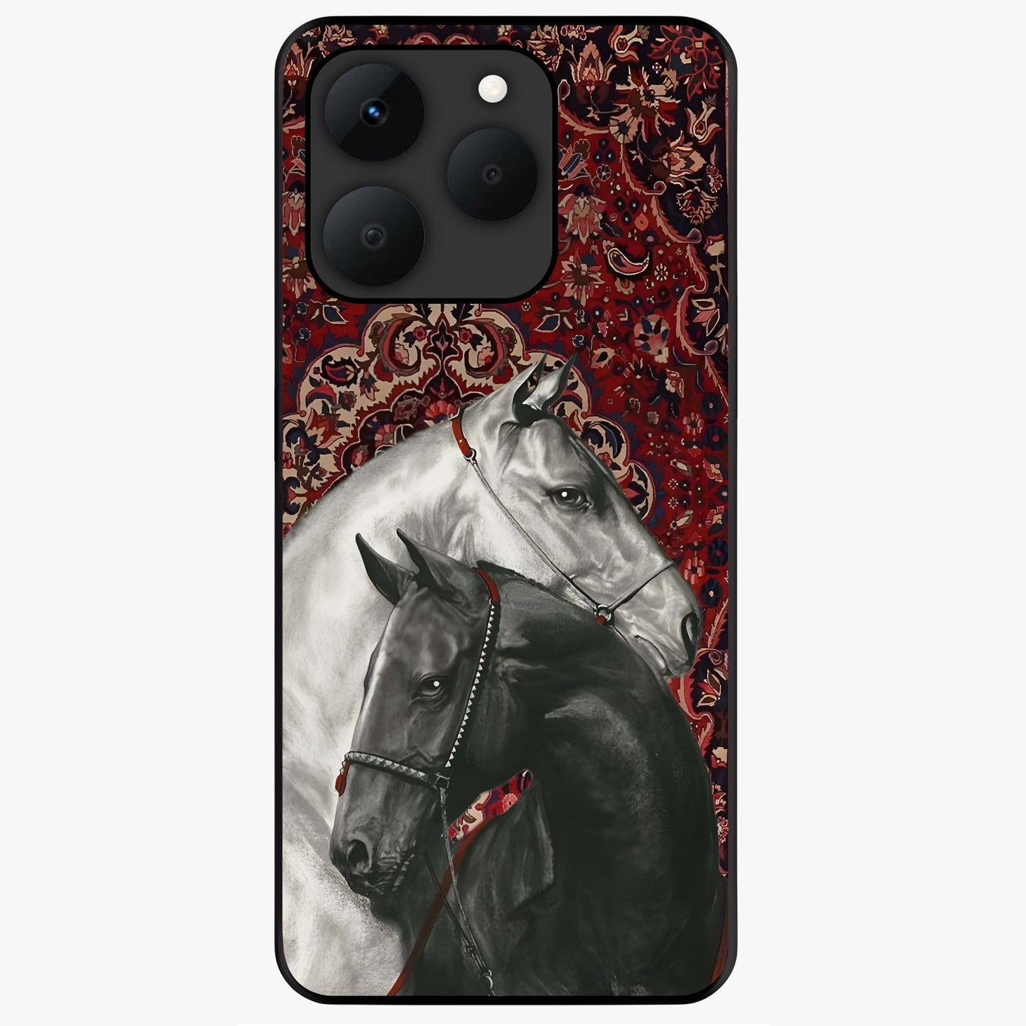Regal Stallion Tapestry Glass Case showing flat back view with majestic horse tapestry artwork and glossy glass finish.