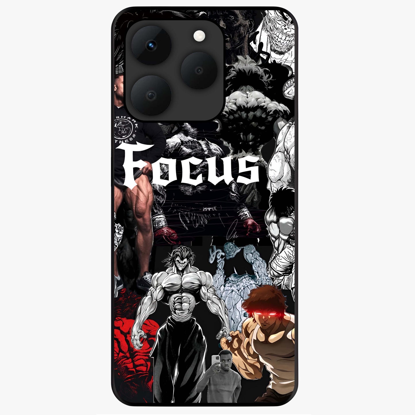Relentless Power Focus Glass Case showing flat back view with motivational typography artwork and glossy glass finish.