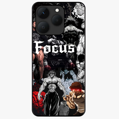 Relentless Power Focus Glass Case showing flat back view with motivational typography artwork and glossy glass finish.