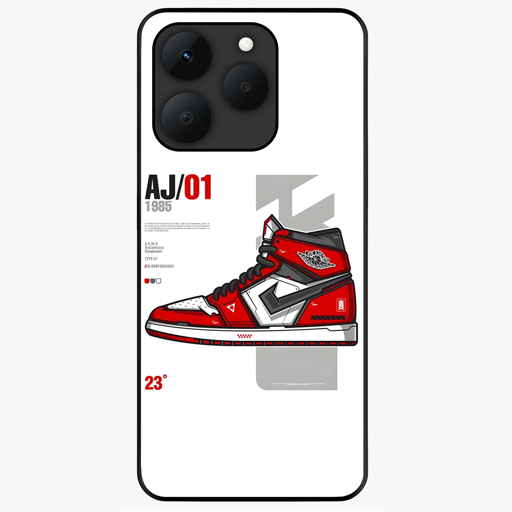 Retro Sneaker Blueprint Glass Case showing flat back view with sneaker blueprint style artwork and glossy glass finish.