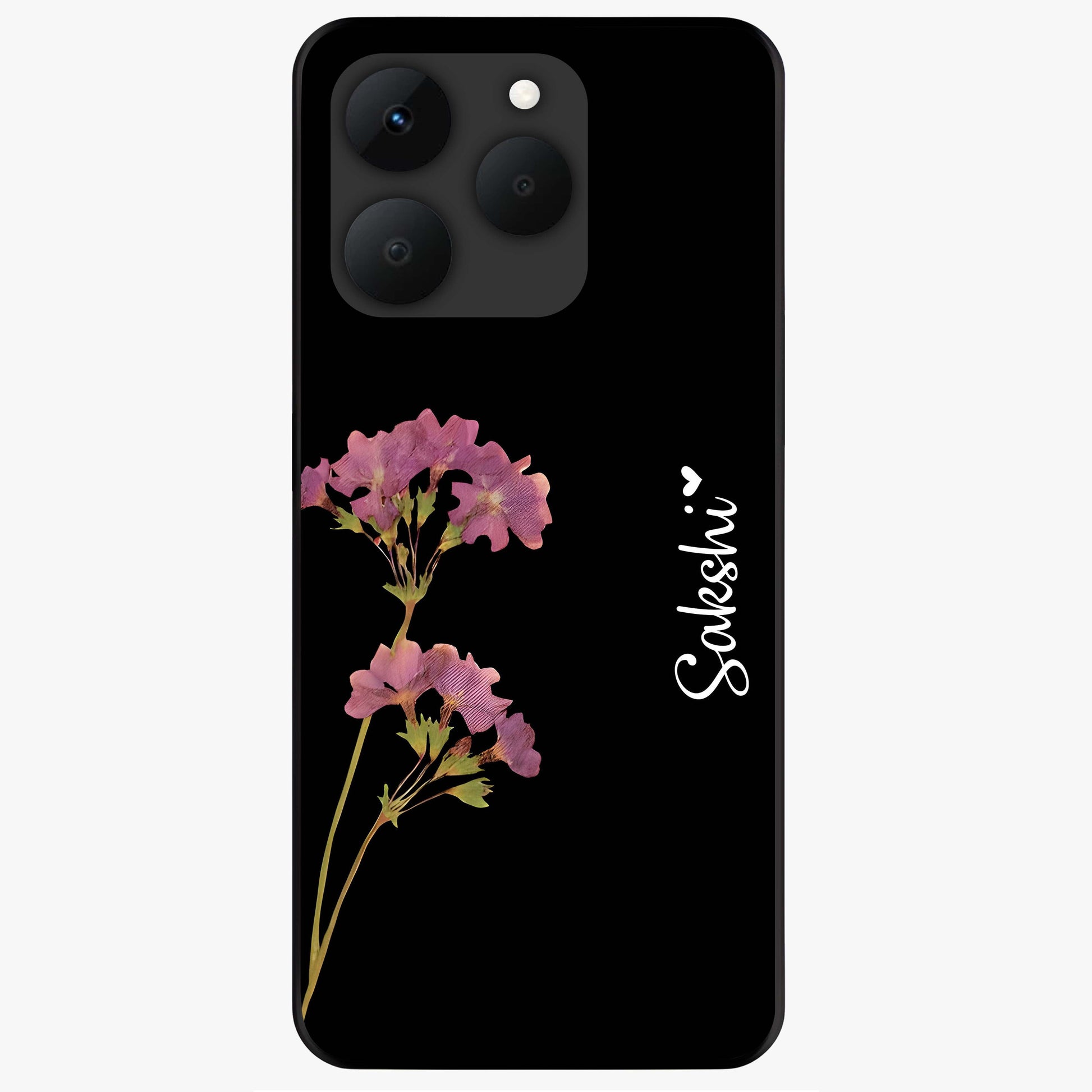 Riching Lavender Flower Custom Name Glass Case showing flat back view with lavender floral artwork and personalized name design.