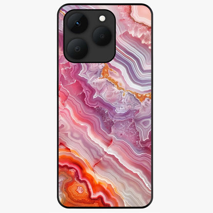 Rose Quartz Marble Glass Case showing flat back view with pink marble quartz texture artwork and glossy glass finish.