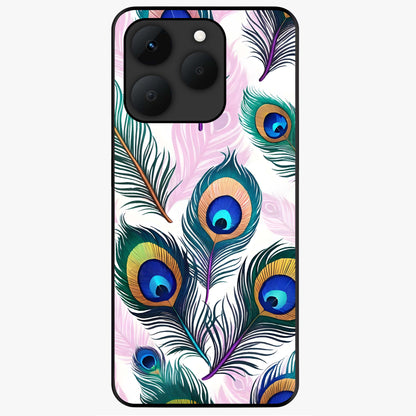 Royal Peacock Feathers Glass Case showing flat back view with colorful peacock feather artwork and glossy glass finish.