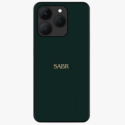 Sabr Minimal Patience Glass Case showing flat back view with minimalist typography artwork and glossy glass finish.