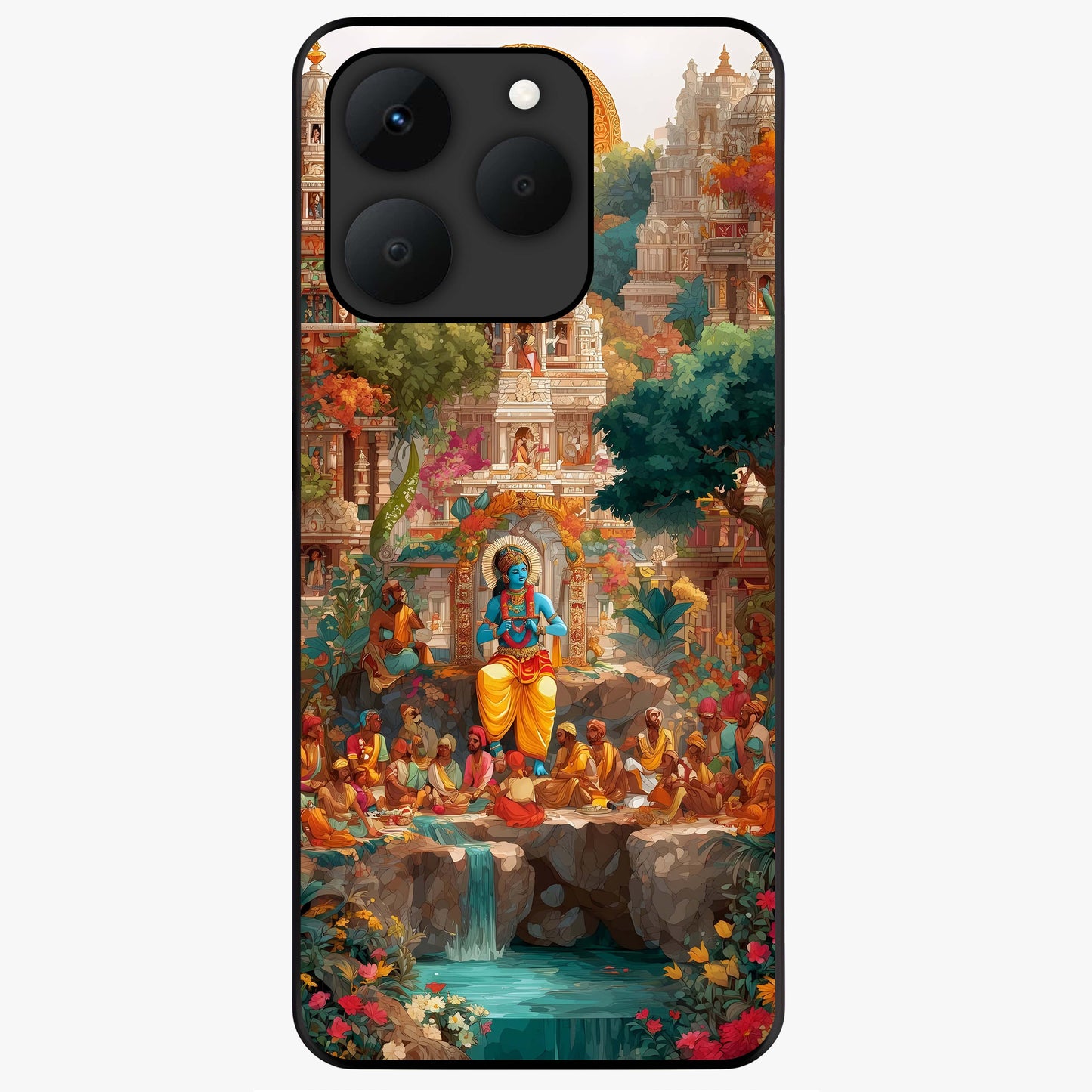 Sacred Sunlight Gods Glass Case showing flat back view with divine sunlight themed artwork and glossy glass finish.