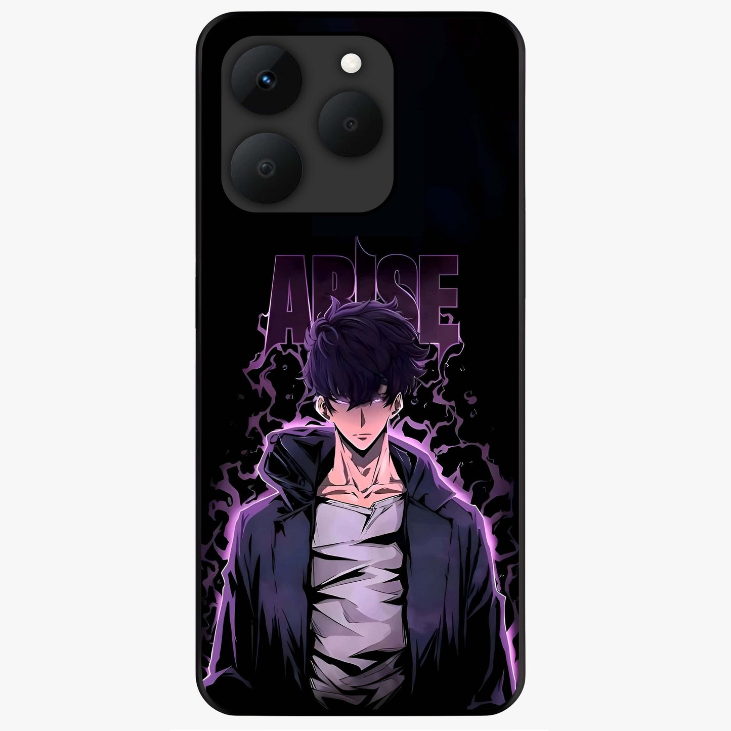 Shadow Monarch Awakening Glass Case showing flat back view with powerful dark monarch themed artwork and glossy glass finish.