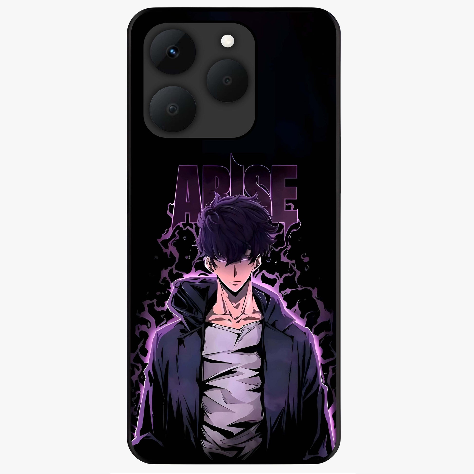 Shadow Monarch Awakening Glass Case showing flat back view with powerful dark monarch themed artwork and glossy glass finish.