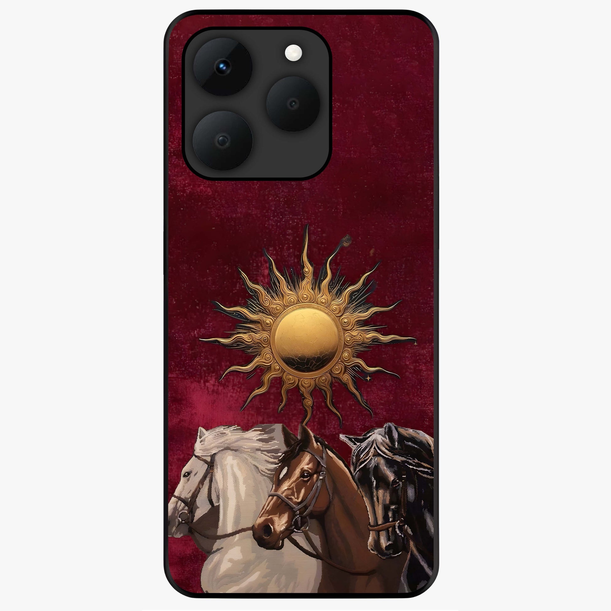 Solar Riders Glass Case showing flat back view with dynamic rider themed artwork and glossy glass finish.