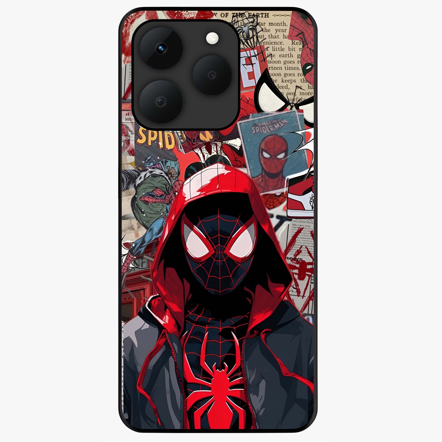 Spider Collage Street Glass Case showing flat back view with vibrant superhero collage artwork and glossy glass finish.