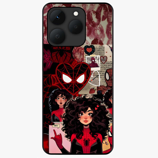 Spider Love Story Glass Case showing flat back view with romantic superhero themed artwork and glossy glass finish.