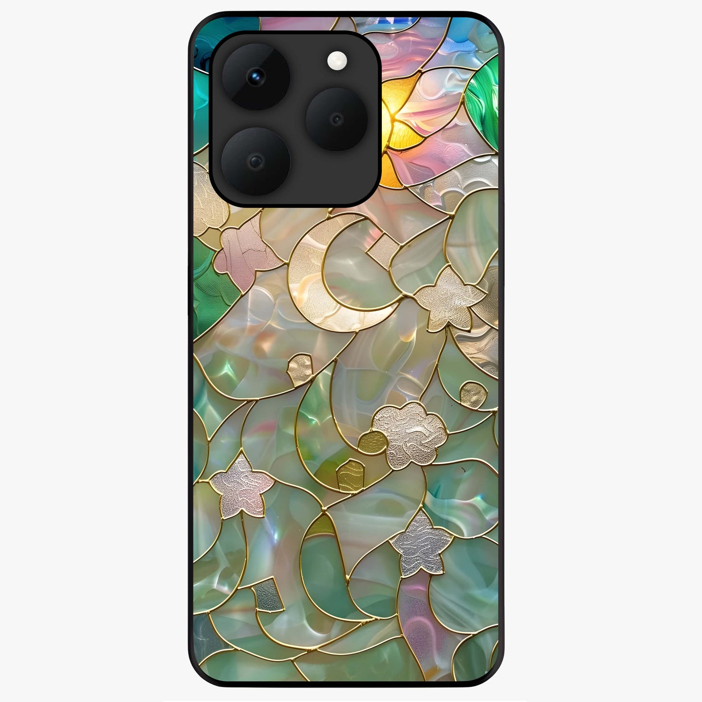 Stained Sunrise Glow Glass Case showing flat back view with glowing sunrise stained pattern artwork and glossy glass finish.