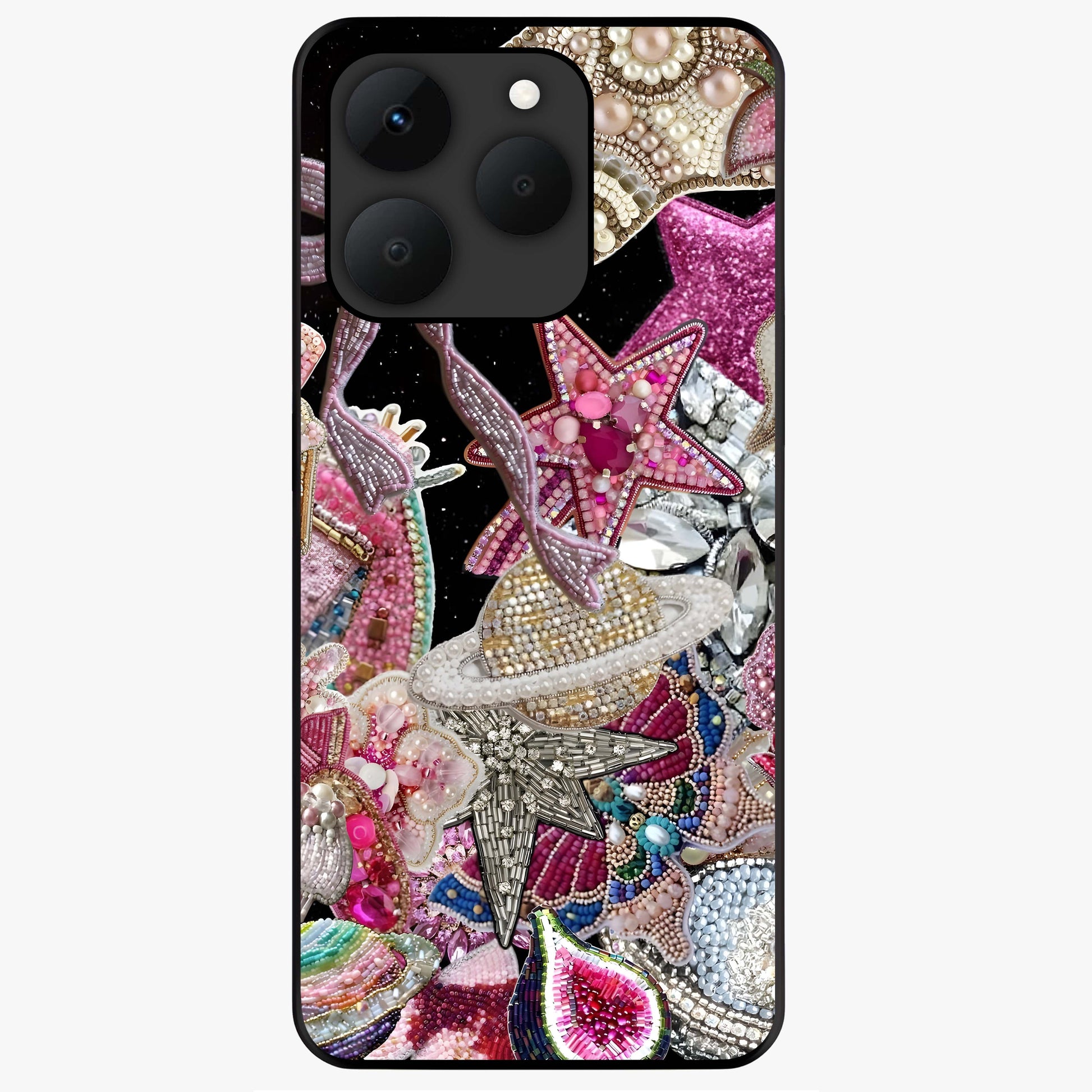 Starlit Jewel Dream Glass Case showing flat back view with sparkling jewel and star themed artwork and glossy glass finish.