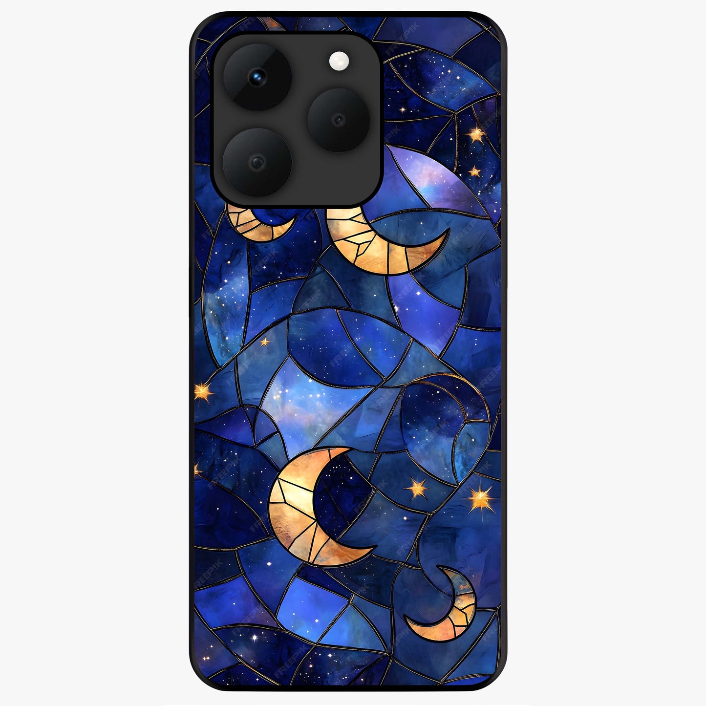 Starlit Sky Tapestry Glass Case showing flat back view with decorative starry sky tapestry artwork and glossy glass finish.