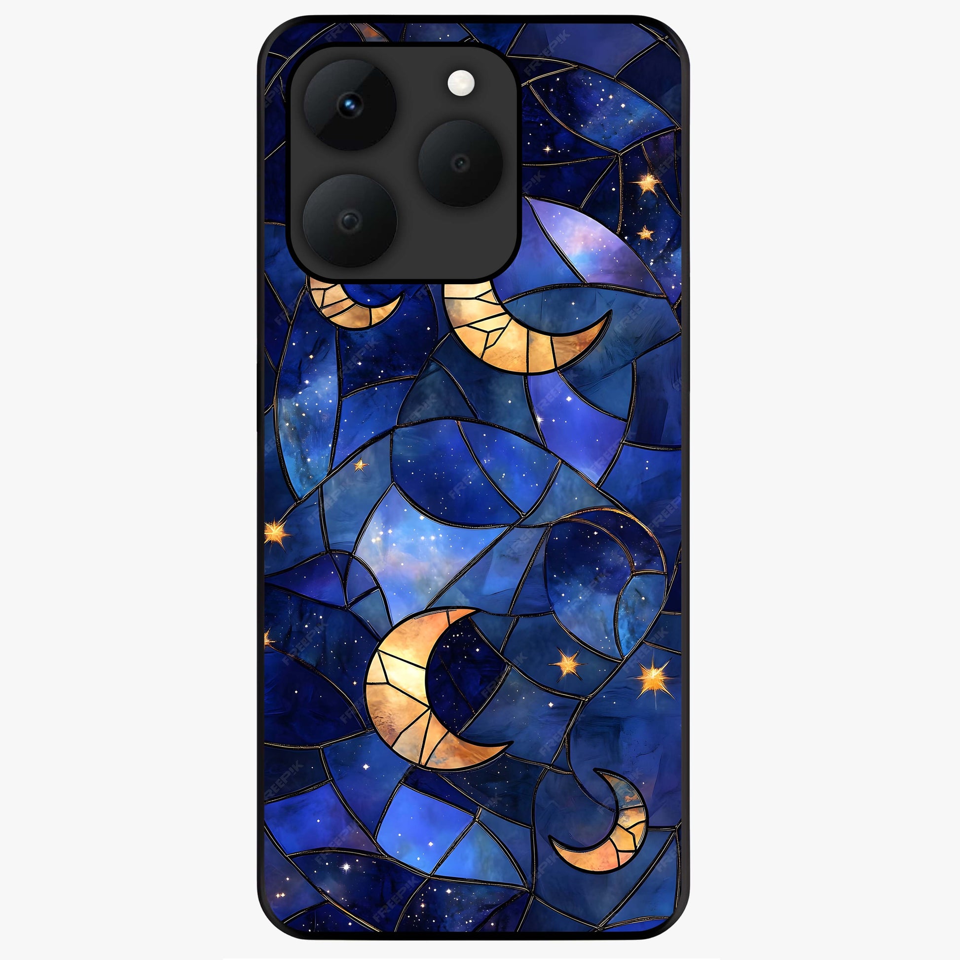 Starlit Sky Tapestry Glass Case showing flat back view with decorative starry sky tapestry artwork and glossy glass finish.