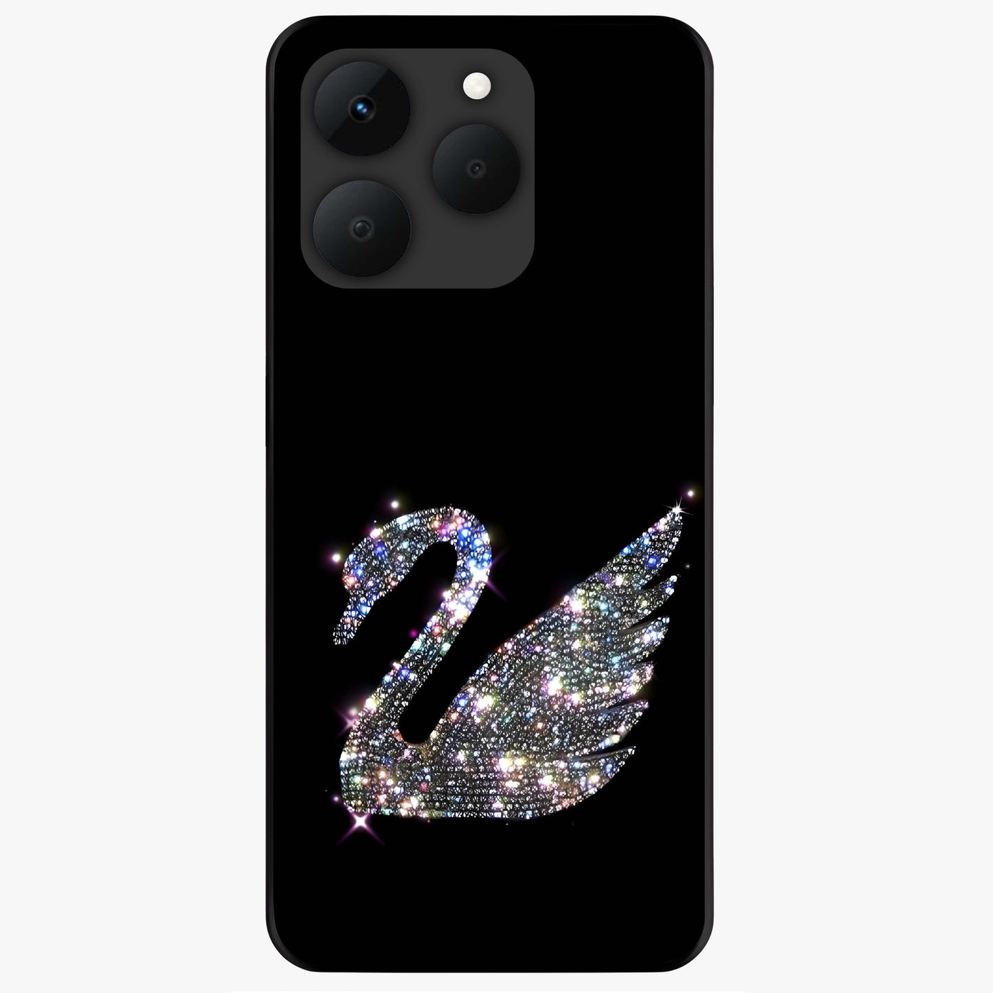 Starlit Swan Grace Glass Case showing flat back view with graceful swan artwork under starry sky and glossy glass finish.