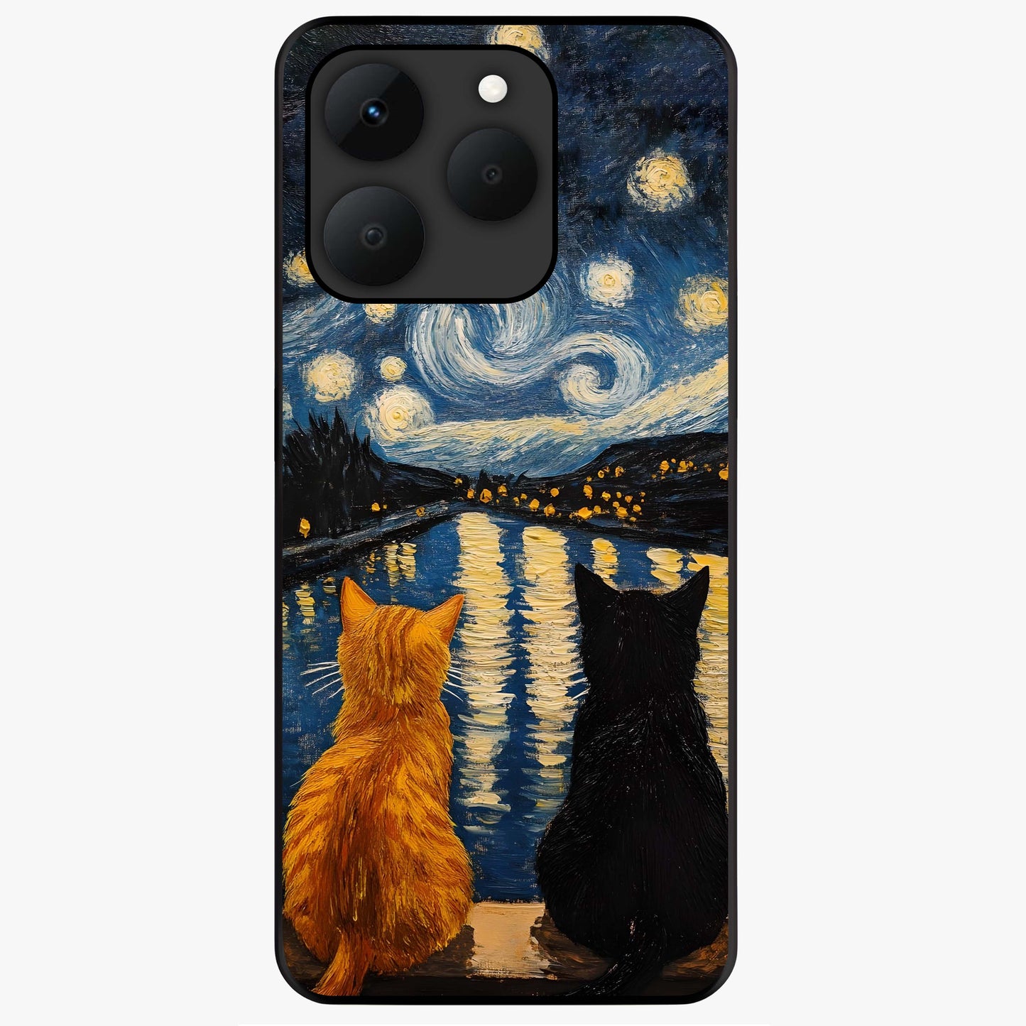 Starry River Cats Glass Case showing flat back view with cats by a starry river artwork and glossy glass finish.