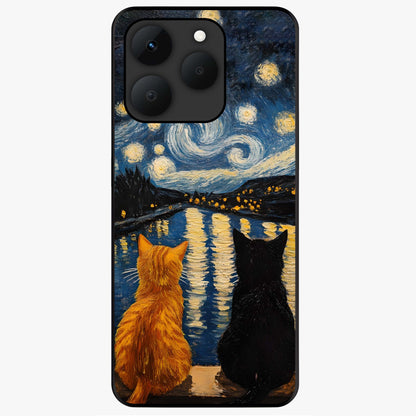 Starry River Cats Glass Case showing flat back view with cats by a starry river artwork and glossy glass finish.