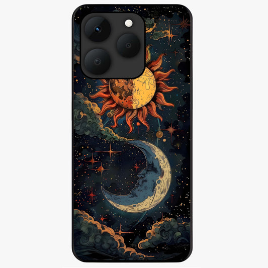 Sun And Moon Magic Design Glass Case showing flat back view with mystical sun and moon artwork and glossy glass finish.