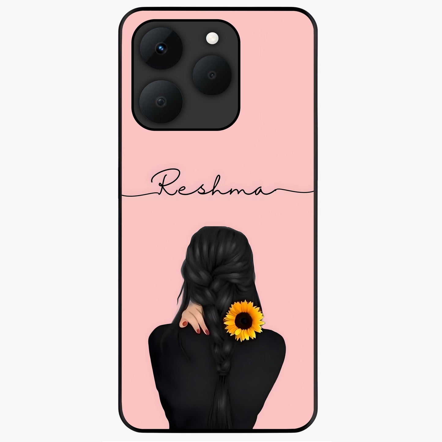 Sunflower Braid Beauty With Custom Name Glass Case showing flat back view with sunflower braid artwork and personalized name design.