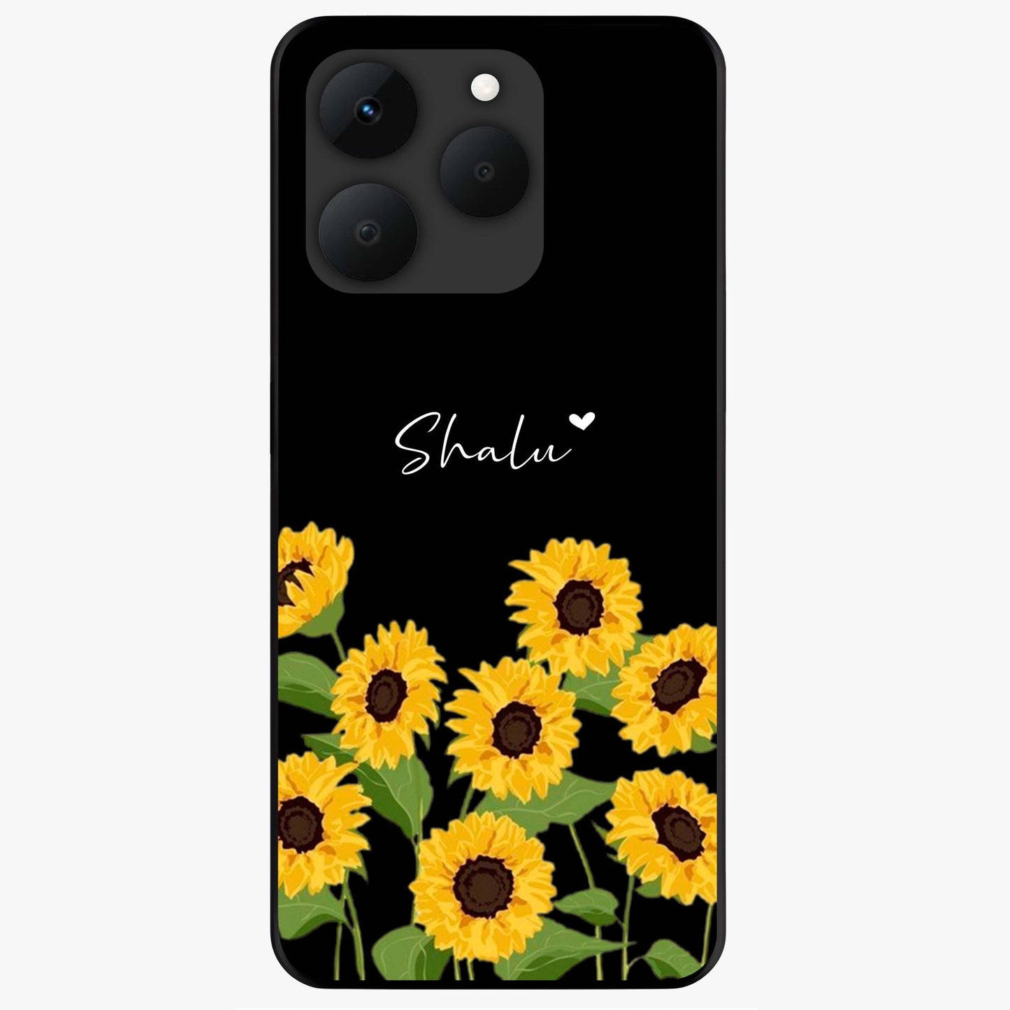 Sunflower Chic Mood Custom Name Glass Case showing flat back view with stylish sunflower artwork and personalized name design.