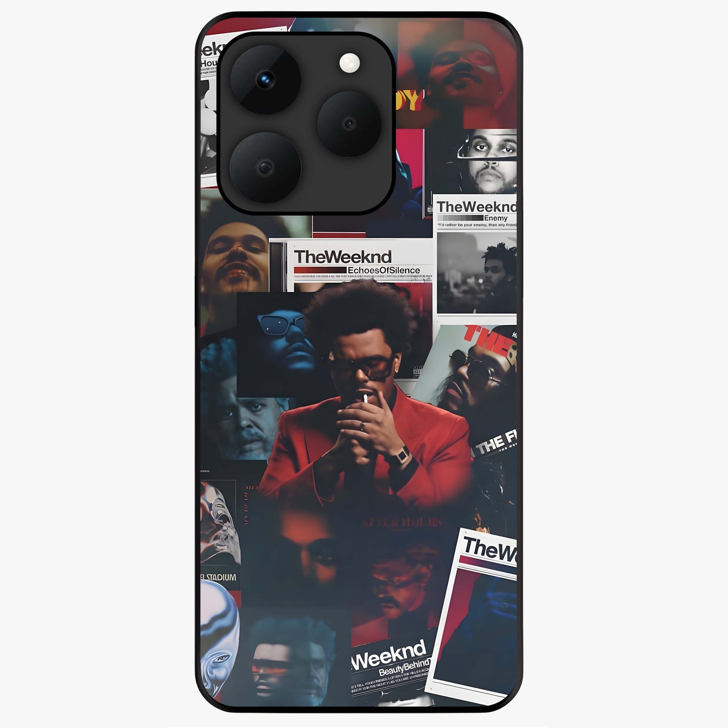 The Weeknd Glass Case showing flat back view with music inspired artistic portrait artwork and glossy glass finish.