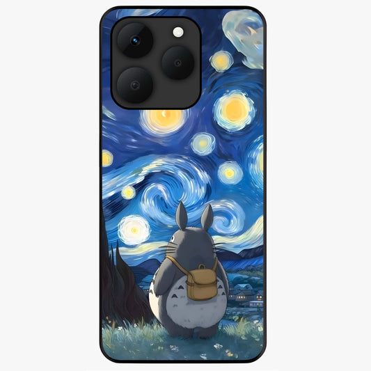 Totoro In Van Gogh Art Glass Case showing flat back view with whimsical character artwork inspired by Van Gogh style and glossy glass finish.