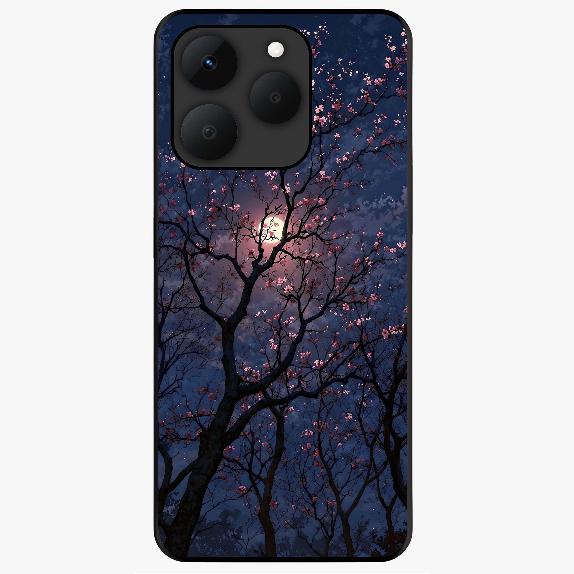 Twilight Sakura Serenade Glass Case showing flat back view with cherry blossom artwork at twilight and glossy glass finish.