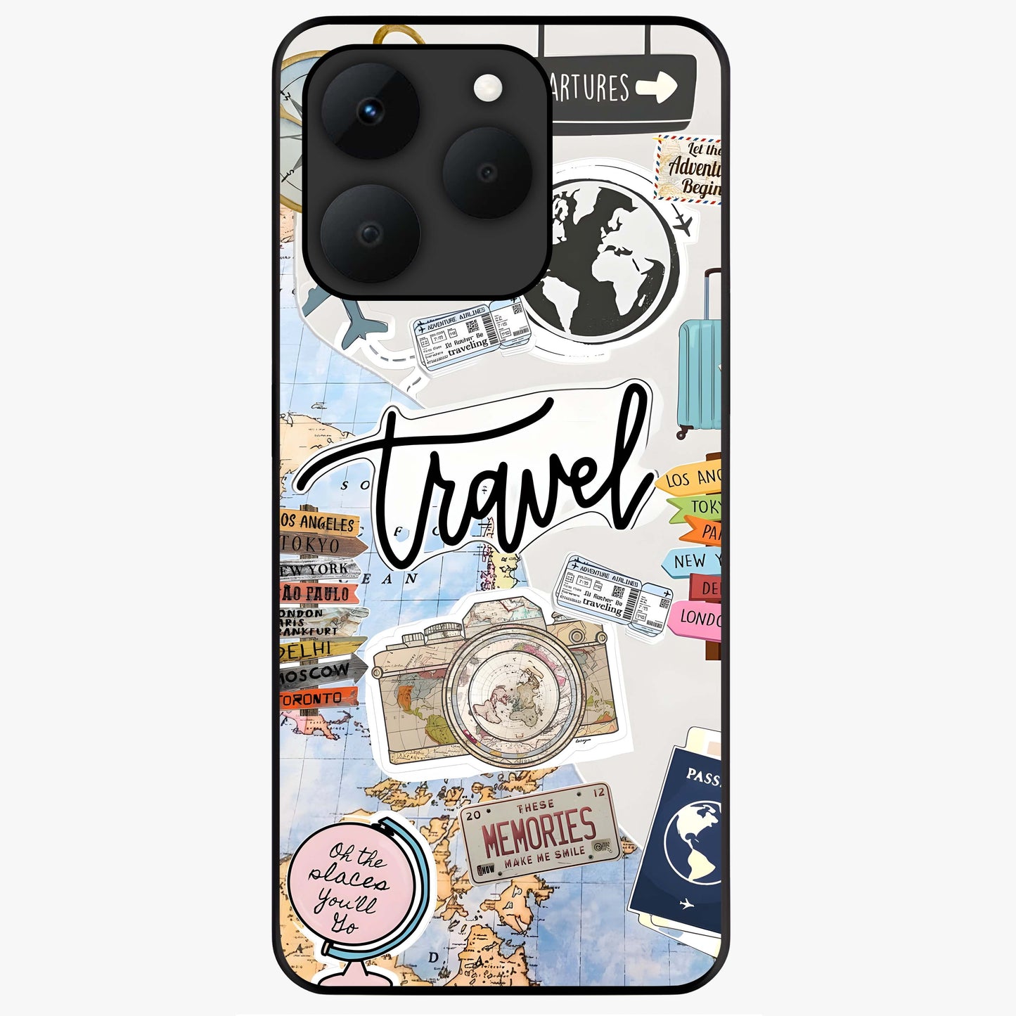 Wanderlust Journal Glass Case showing flat back view with travel inspired artwork and glossy glass finish.