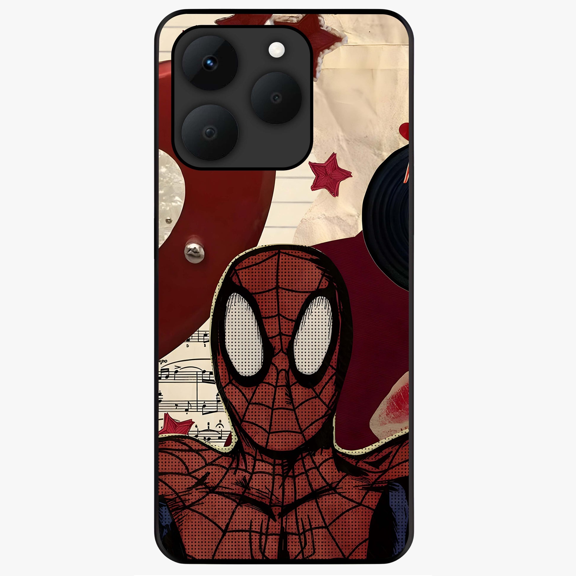 Web Warrior Vibes Glass Case showing flat back view with superhero inspired web themed artwork and glossy glass finish.