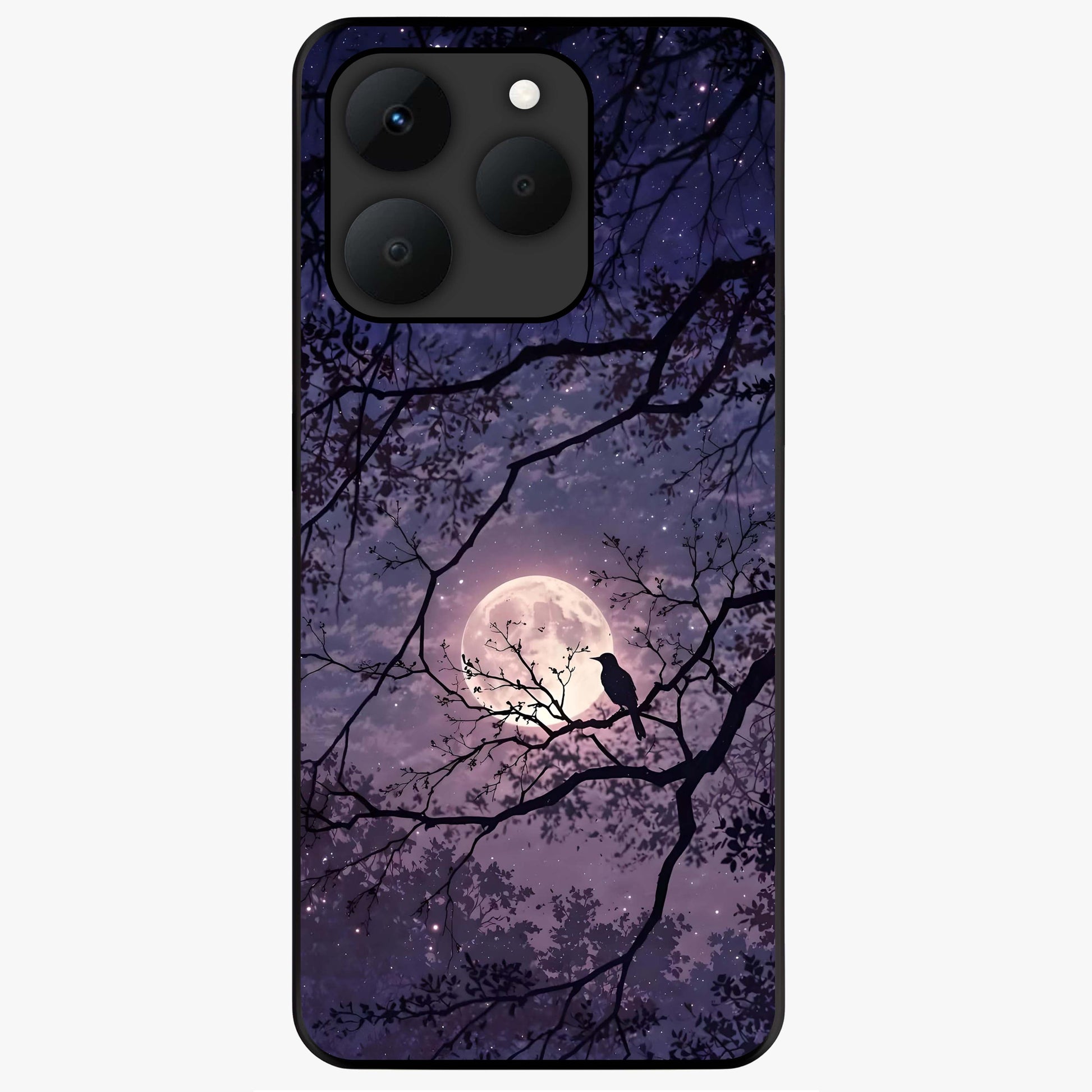 Whispering Moon Silence Glass Case showing flat back view with serene moon themed artwork and glossy glass finish.