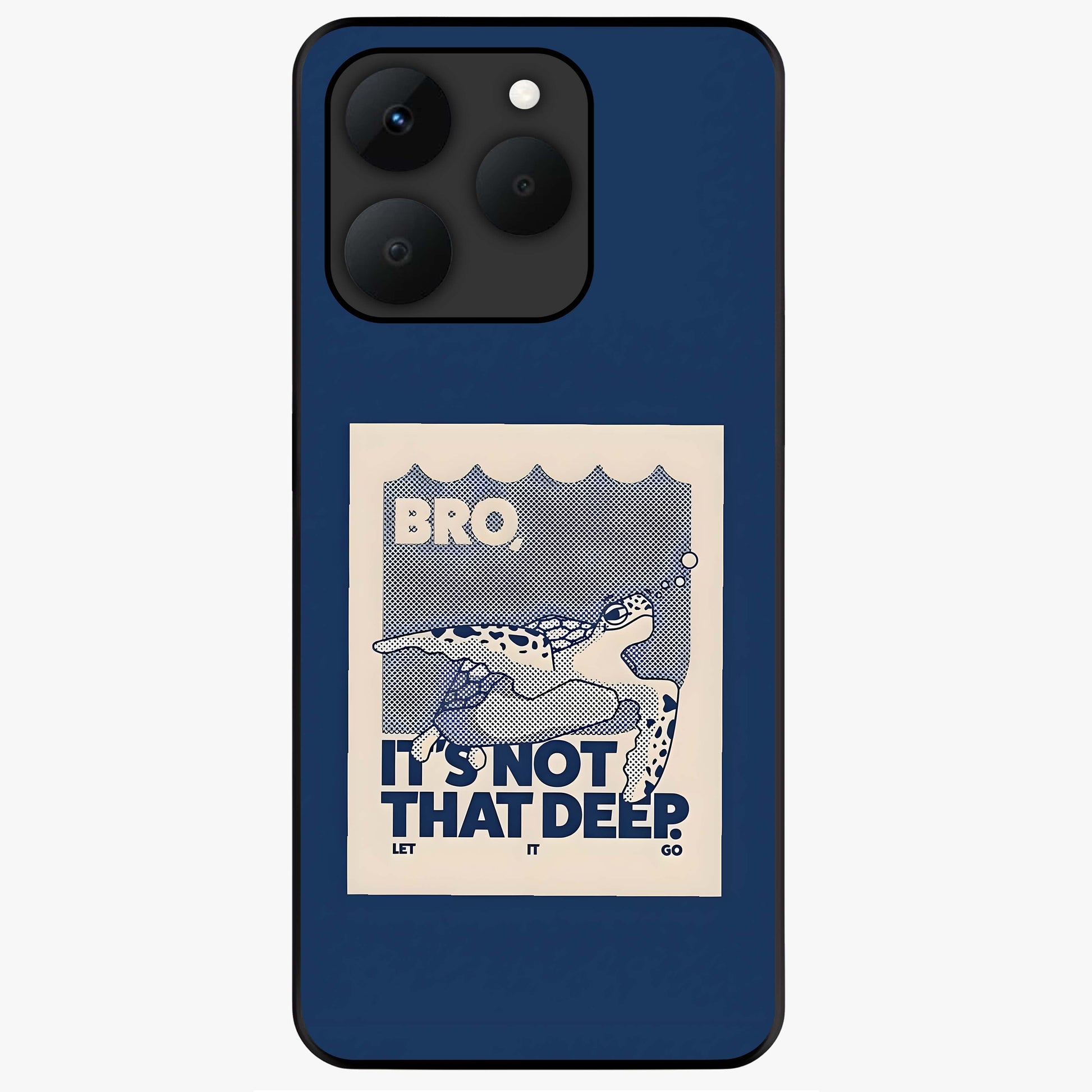 Worry Less Swim Glass Case showing flat back view with playful motivational artwork and glossy glass finish.