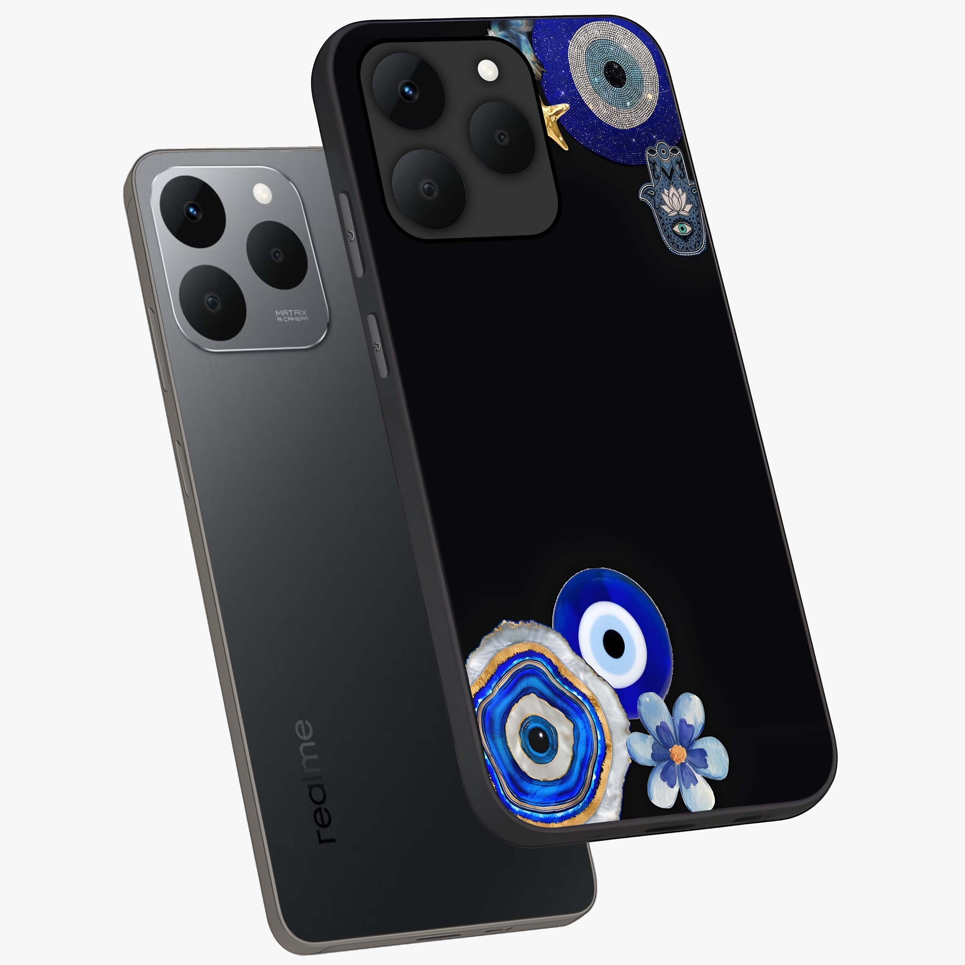 Aesthetic Blue Evil Eye Glass Case displayed in angled mockup highlighting blue evil eye symbol and spiritual aesthetic design.