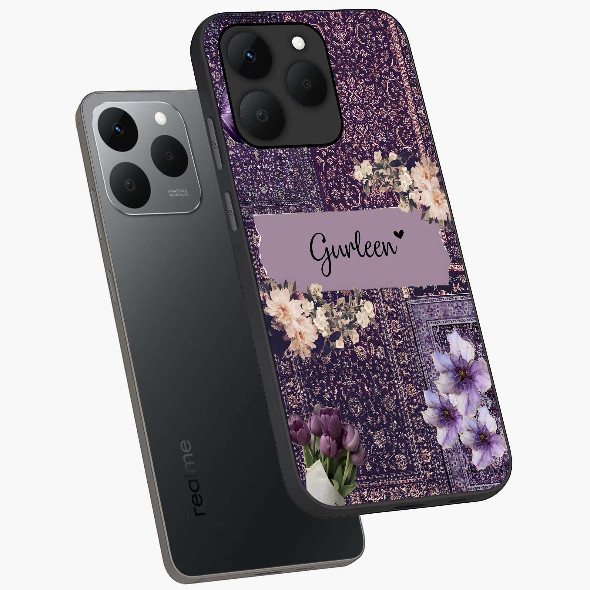 Antique Floral Whisper Custom Name Glass Case displayed in angled mockup highlighting elegant antique floral aesthetic.