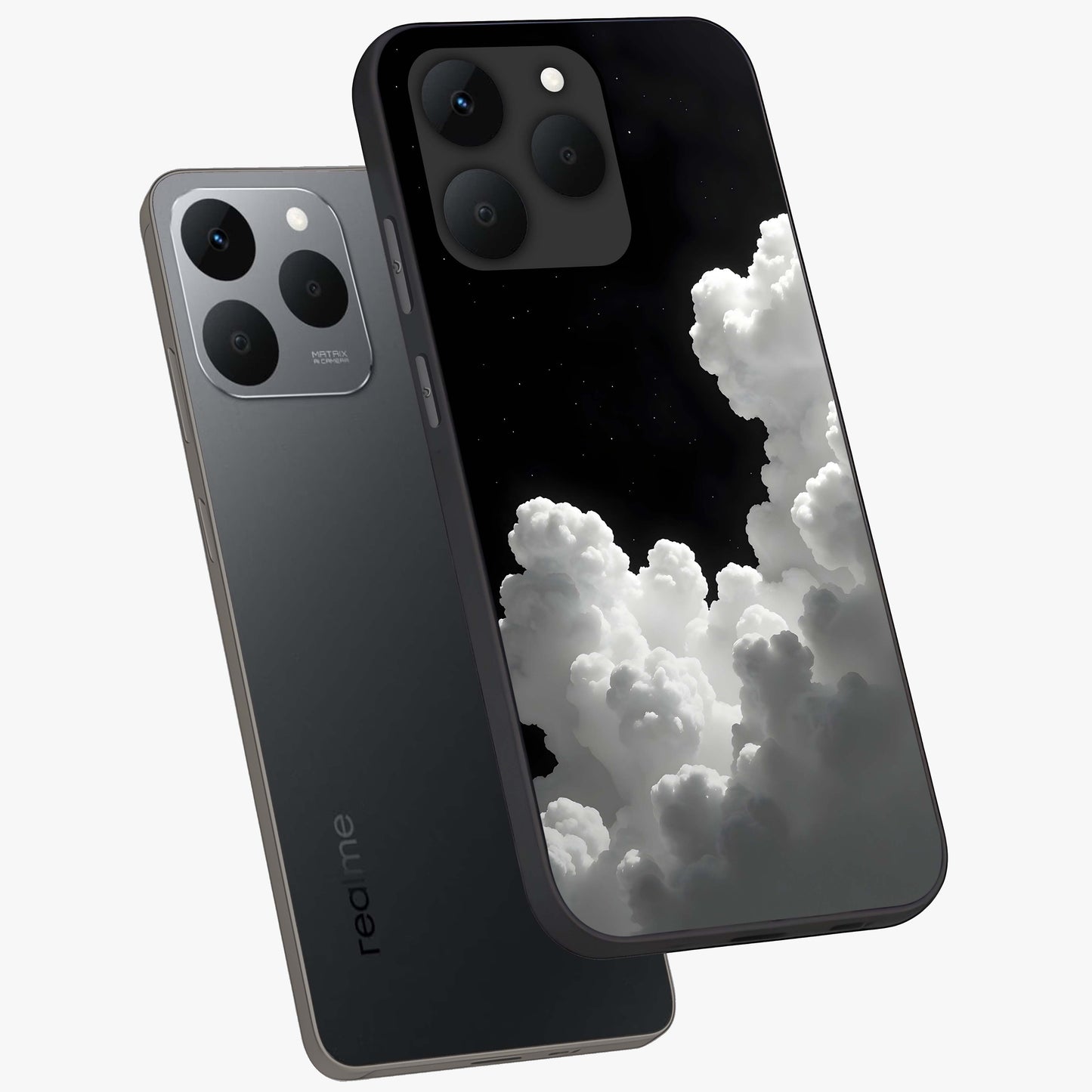 Black Background With White Cloud Glass Case displayed in angled mockup highlighting soft white cloud illustration and minimal design.