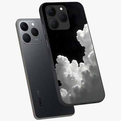 Black Background With White Cloud Glass Case displayed in angled mockup highlighting soft white cloud illustration and minimal design.